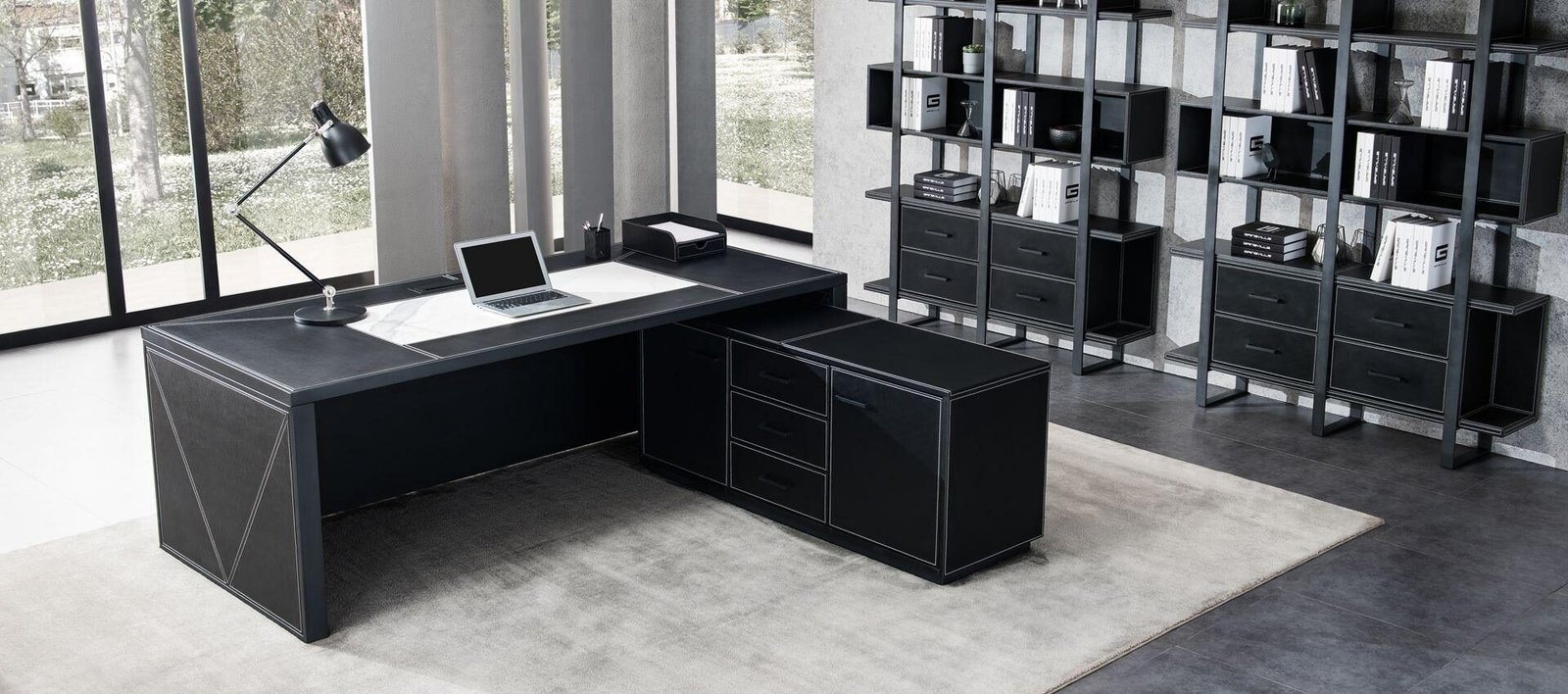 Black Wood executive office with dark wood desk and leather seating