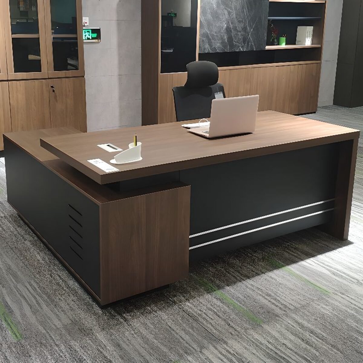 Black Wood curved reception desk in wood veneer