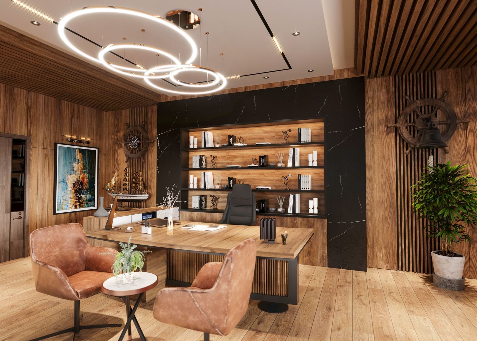 Wood-panelled executive office with dark marble shelving and brass lighting